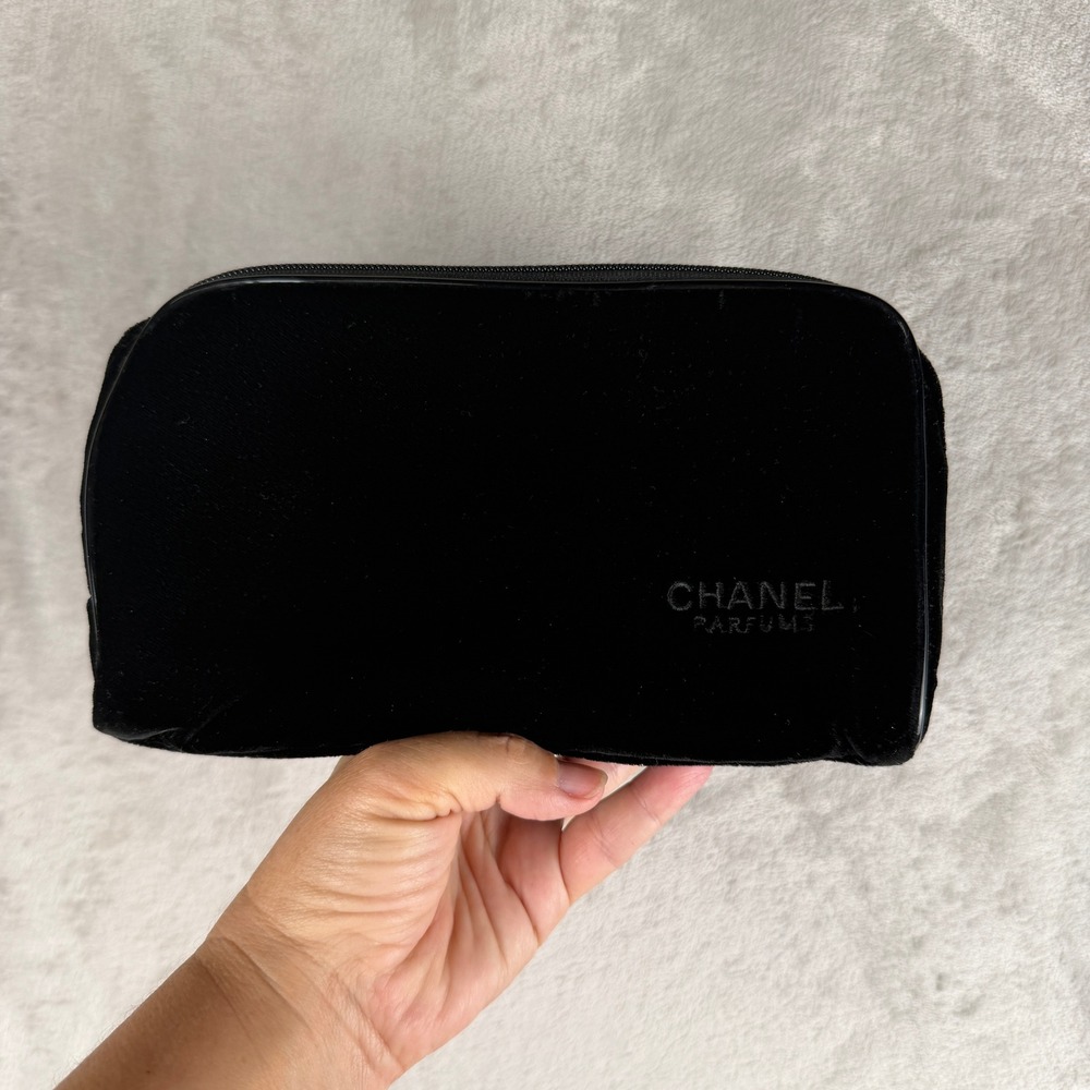 Chanel Parfums Black Velvet Cosmetic Makeup Bag Logo Pouch Zipper Closure